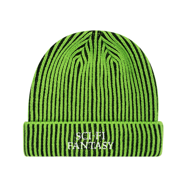 The SCI-FI FANTASY LOGO BEANIE LIME / BLACK by SCI-FI FANTASY features green and black stripes with "SCI-FI FANTASY" embroidered in white on the folded brim—ideal for logo beanie fans.