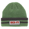 A SCI-FI FANTASY reflective green beanie with the word sci-fi on it.