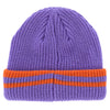A SCI-FI FANTASY purple knit beanie with orange stripes featuring a logo.