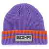A purple and orange SCI-FI FANTASY REFLECTIVE PATCH STRIPED beanie with the SCI-FI FANTASY logo on it.