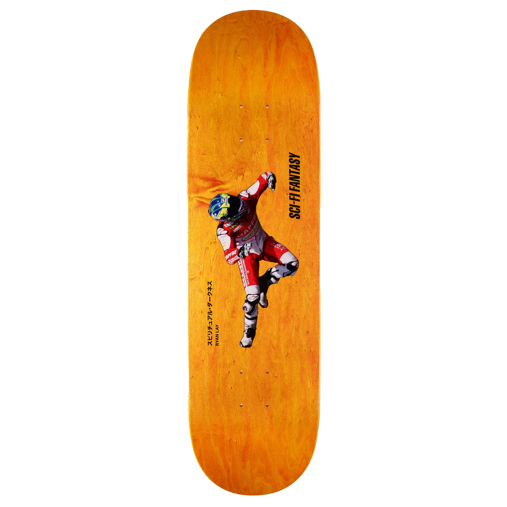 An orange stained skateboard deck with a racecar driver falling.