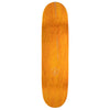 The top of an orange stained skateboard deck with a tiny print.