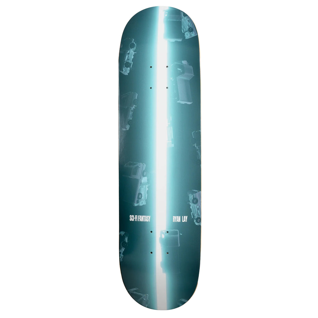 A skateboard with the SCI-FI FANTASY RYAN LAY TRUCK BEAM.