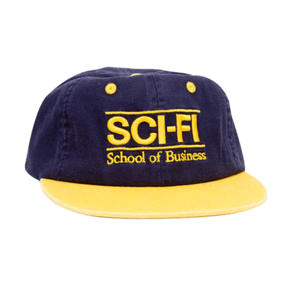 A navy blue hat with a yeller brim and yellow embroidery.