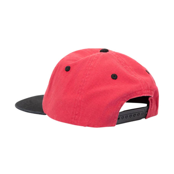 The back of a red hat with a black brim and a black snapback closure.