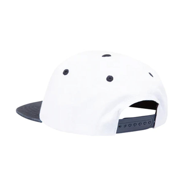 The back of a white hat with a navy brim and a snapback clasp.