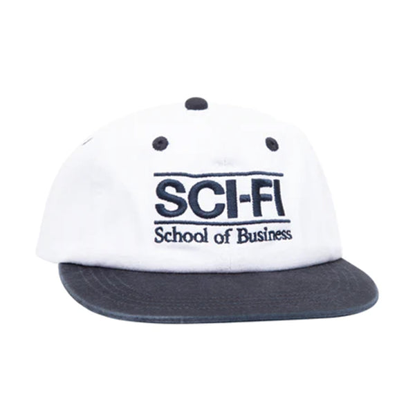 A white hat with a navy brim and navy embroidery that says "Sci-fi School of Business".