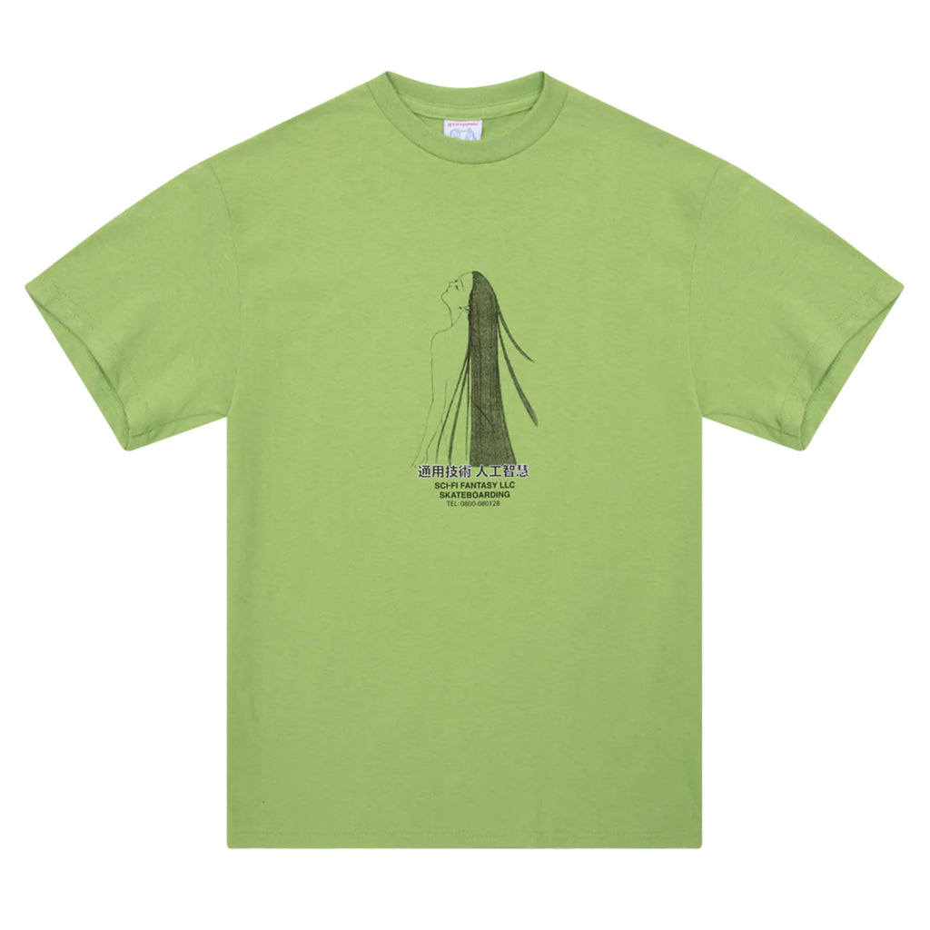 A SCI-FI FANTASY lime green t-shirt with a drawing of a woman with long hair.