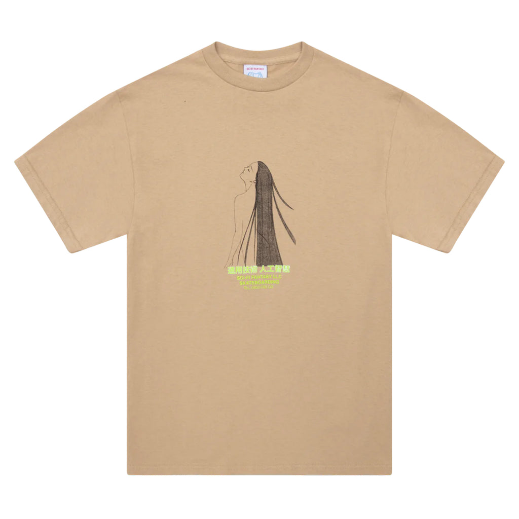 A SCI-FI FANTASY khaki t-shirt with a drawing of a woman with long hair.