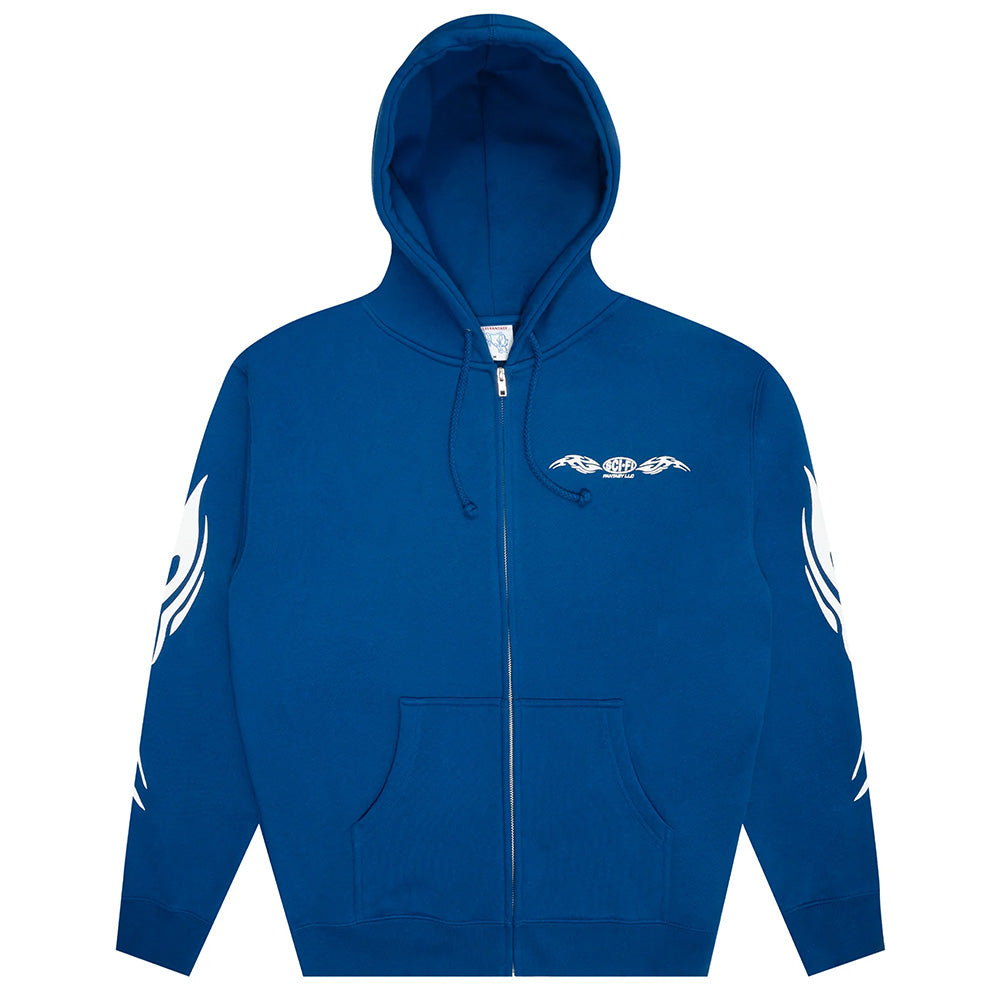 The SCI-FI FANTASY ORIGIN ZIP HOODIE ROYAL by SCI-FI FANTASY features white tribal-style sleeve designs and a small chest graphic—ideal for sci-fi fantasy hoodie fans.