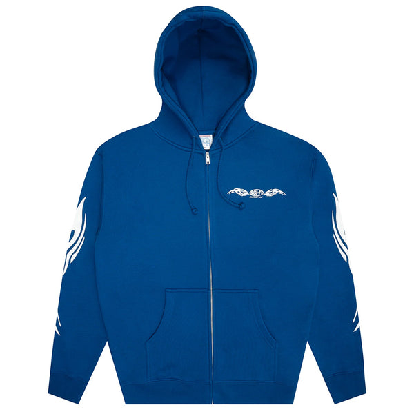 The SCI-FI FANTASY ORIGIN ZIP HOODIE ROYAL by SCI-FI FANTASY features white tribal-style sleeve designs and a small chest graphic—ideal for sci-fi fantasy hoodie fans.