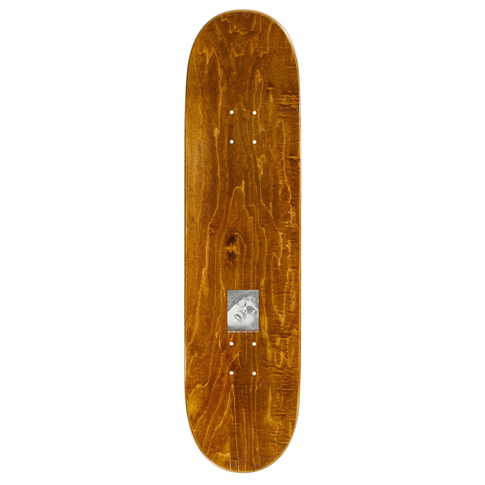 The SCI-FI FANTASY LAY WINDY skateboard deck by SCI-FI FANTASY is an 8.38" natural wood deck featuring a small black-and-white face photo near the center.