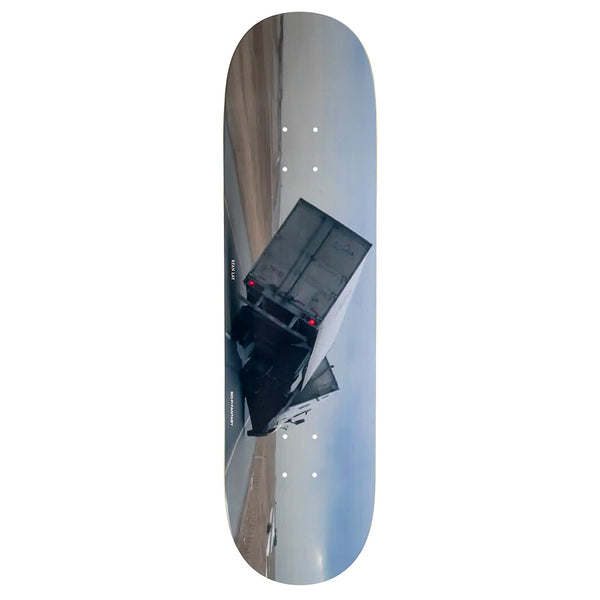 The SCI-FI FANTASY LAY WINDY skateboard deck features a striking graphic of a semi-truck crash with a jackknifed trailer, designed by SCI-FI FANTASY.