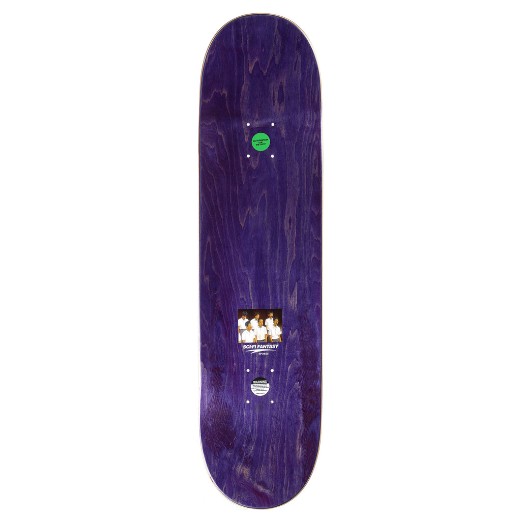 The SCI-FI FANTASY LAY EVOLUTION skateboard deck from SCI-FI FANTASY boasts a purple wood finish and showcases a sci-fi fantasy theme, accentuated by a small photo with text placed at the center.