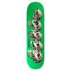 A SCI-FI FANTASY LAY EVOLUTION skateboard deck with a green background showcasing a sci-fi fantasy design of five overlapping skulls by the brand SCI-FI FANTASY.