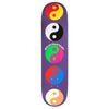 The SCI-FI FANTASY YIN YANG skateboard deck by SCI-FI FANTASY features five vibrant yin yang symbols in a vertical row on a purple background, with bold "SCI-FI FANTASY" text at the center.