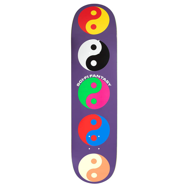 The SCI-FI FANTASY YIN YANG skateboard deck by SCI-FI FANTASY features five vibrant yin yang symbols in a vertical row on a purple background, with bold "SCI-FI FANTASY" text at the center.