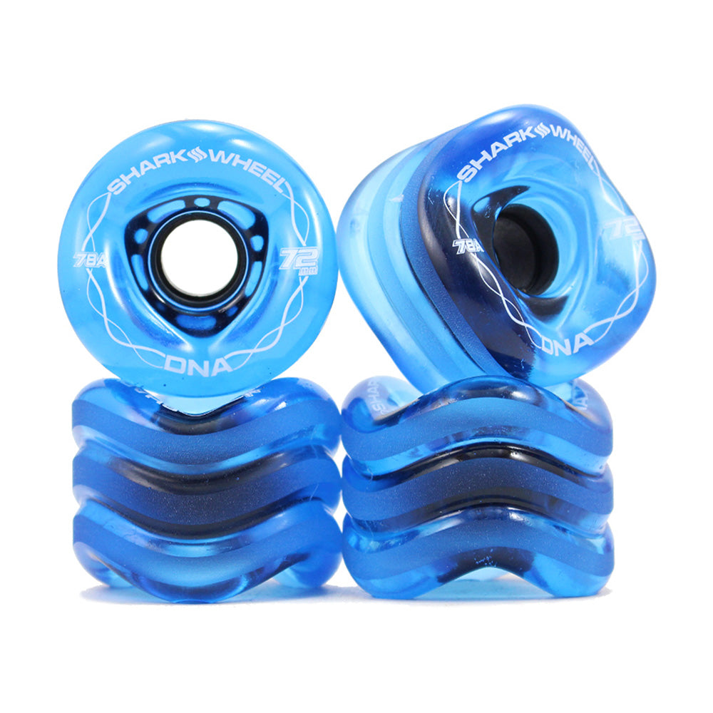 The SHARK DNA 72MM 78A SAPPHIRE wheels from SHARK, with a wave-like pyramid design, are perfect for cruising longboards and surfskate boards, offering unmatched smoothness and style to enhance your ride.