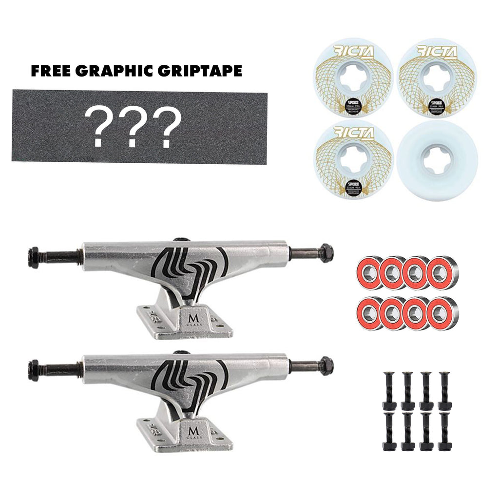 Explore our SILVER COMPONENT PACKS by SILVER, featuring skateboard components such as trucks, wheels, bearings, hardware, and a complimentary grip tape graphic with the "???" design. Ideal for custom builds or component packs!