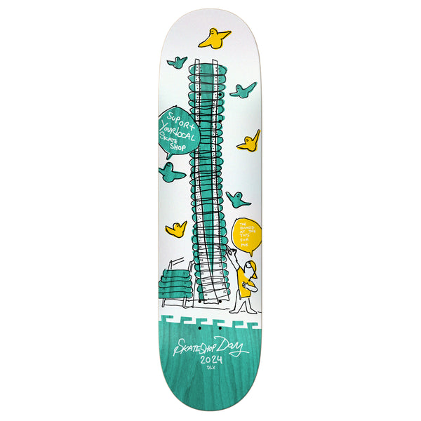 A blue stained deck with a drawing of a ladder of skateboards an gonz birds around it. 