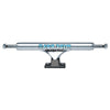 The SLAPPY ST1 Classic Hollow Wide Boy 11.0 skateboard truck by SLAPPY TRUCKS features a polished hanger with a blue logo, offering style and performance. Its silver finish ensures durability and excellent grind clearance from the side view.