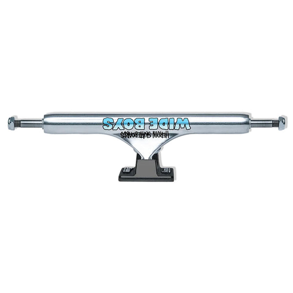 The SLAPPY ST1 Classic Hollow Wide Boy 11.0 skateboard truck by SLAPPY TRUCKS features a polished hanger with a blue logo, offering style and performance. Its silver finish ensures durability and excellent grind clearance from the side view.
