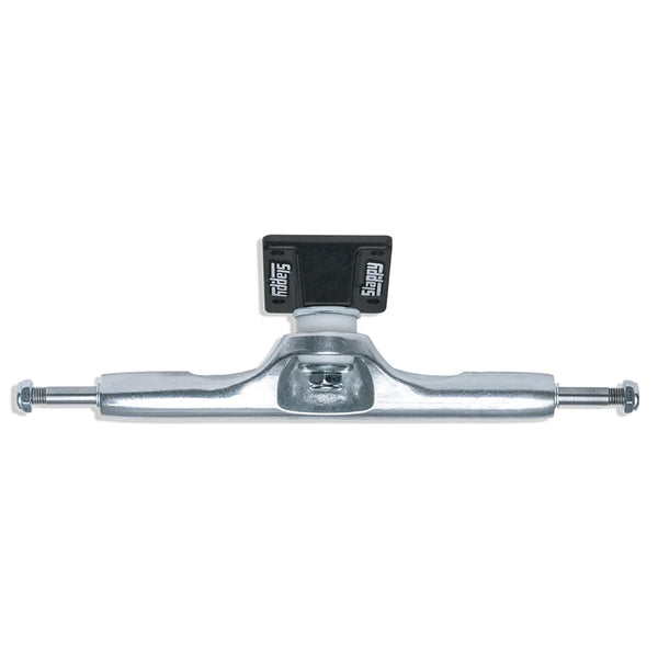 The SLAPPY TRUCKS SLAPPY ST1 CLASSIC HOLLOW WIDE BOY 11.0 set includes silver skateboard trucks with a polished hanger, black baseplate, and two bolts on each end, designed for optimal grind clearance.