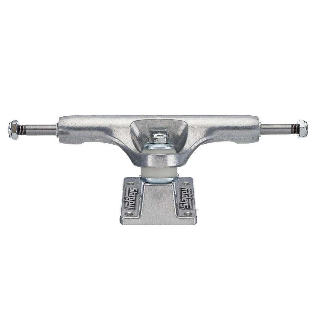 A silver SLAPPY ST1 HOLLOW skateboard truck on a white background, polished.