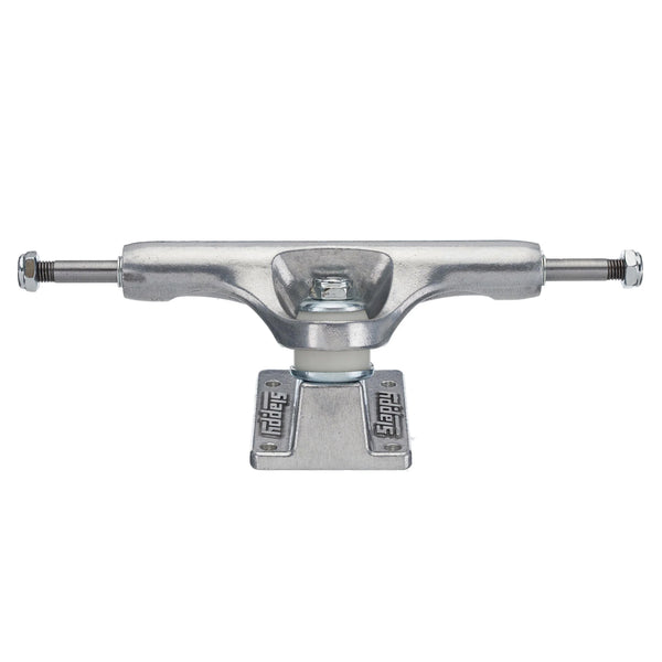A silver SLAPPY ST1 HOLLOW skateboard truck on a white background, polished.