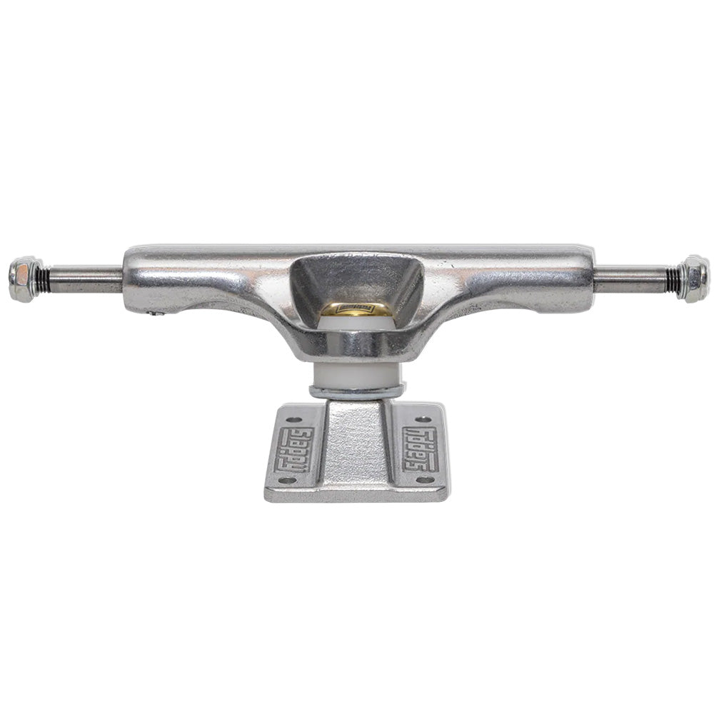 A front view of the silver SLAPPY ST1 Inverted Hollow Ultra Low 8.0 truck (set of two) by SLAPPY TRUCKS, featuring ultra low profile and hollow kingpin for better grind clearance, with the brand engraved on the baseplate.