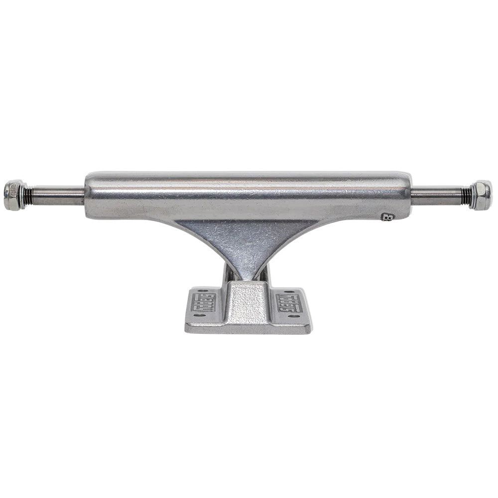 The SLAPPY ST1 INVERTED HOLLOW ULTRA LOW 8.0 skateboard truck set by SLAPPY TRUCKS is shown from the front, displaying its axle, hanger, and baseplate for great grind clearance against a white background.