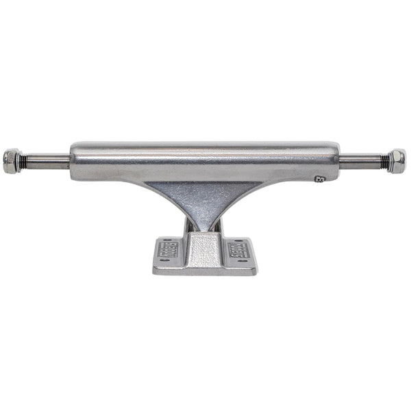 The SLAPPY ST1 INVERTED HOLLOW ULTRA LOW 8.0 skateboard truck set by SLAPPY TRUCKS is shown from the front, displaying its axle, hanger, and baseplate for great grind clearance against a white background.
