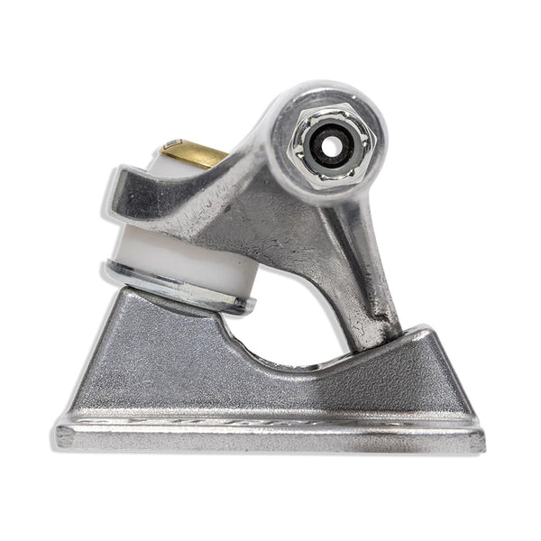 A close-up of the SLAPPY TRUCKS SLAPPY ST1 INVERTED HOLLOW ULTRA LOW 8.0 (SET OF TWO) skateboard trucks, featuring a silver finish, visible axle, nut, bushing, and a hollow kingpin for enhanced grind clearance against a white background.