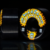 SPITFIRE 80HD CHROME VENOM CONICAL FULL 58MM skateboard wheels in black feature yellow flames, blue accents, "CONICAL FULL 58MM" text, and a grinning face logo—ideal for skaters who SKATE LIKE A GIRL.
