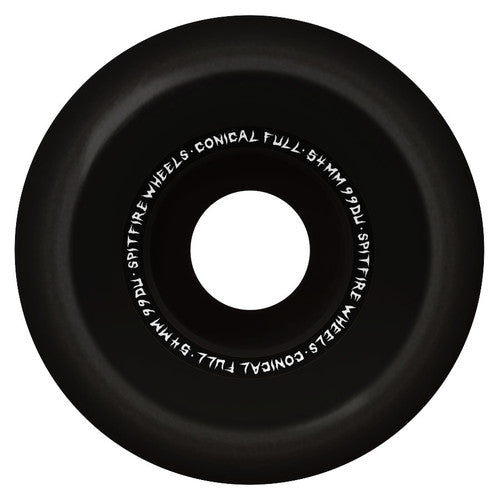 A black skateboard wheel with white letters on it, featuring the SPITFIRE logo. It is the SPITFIRE DECAY F4 CONICAL FULL 99A 54MM.