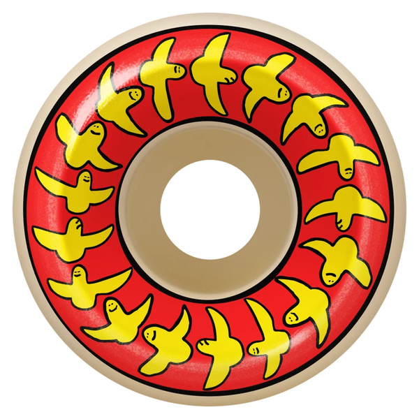 A natural colored wheel with a red background and yellow drawn birds on it.