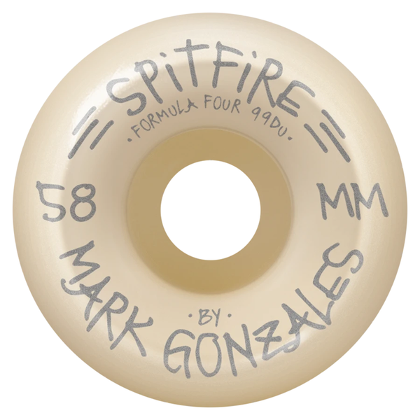 The back of a natural colored wheel that has the specs in silver.
