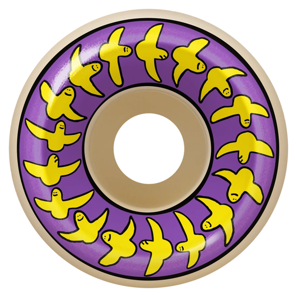 A natural colored wheel with purple on it behind a drawing of yellow birds.