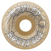 The SPITFIRE F4 HAYLEY WEBBED CONICAL FULL 99D 56MM skateboard wheel features a tan color, black spiderweb design, "SPITFIRE" and "HAYLEY" text, Formula Four conical full 99D construction, and a small flame face logo.