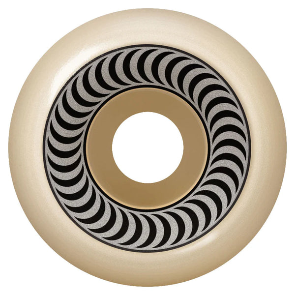 A white and black SPITFIRE F4 OG CLASSIC 99A 54MM skateboard wheel with a spiral design, featuring the iconic SPITFIRE Formula Four aesthetic.