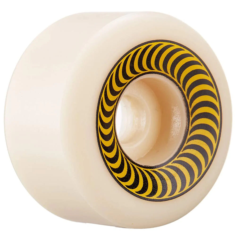 A white SPITFIRE F4 OG CLASSIC 99A 55MM skateboard wheel with a black and yellow design, featuring the iconic SPITFIRE logo.