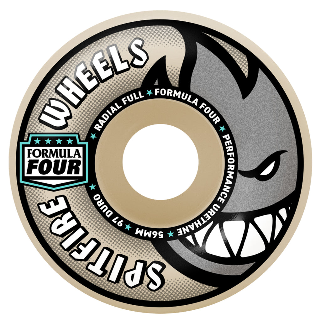 A skateboard wheel with an image of a grey bighead logo on it.