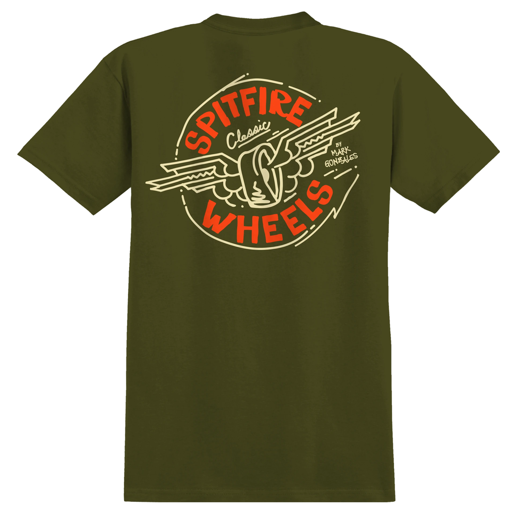 The back of a dark green shirt with a print of a skateboard wheel with wings in cream color and "spitfire wheels" in bright orange.