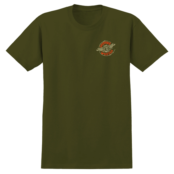 A dark green shirt with a small left chest print of a skate wheel with wings.