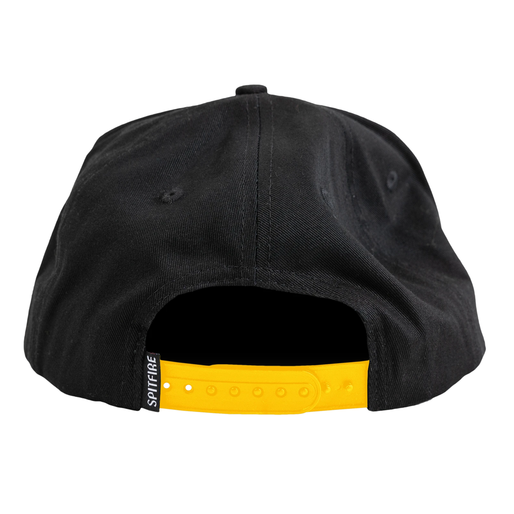 A black hat with a yellow adjustable snap back closure.