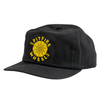 A black hate with a yellow design on the front of yellow blobs with faces.