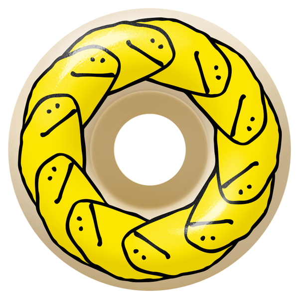 A yellow SPITFIRE F4 GONZ SHMOO CLASSIC 52MM 99A skateboard wheel with a yellow design.