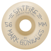 The back side of a natural colored skateboard wheel that has silver writing with the wheel name.