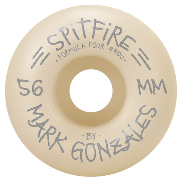 The back side of a natural colored skateboard wheel that has silver writing with the wheel name.