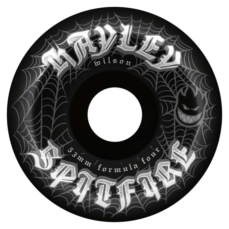 The SPITFIRE HAYLEY WEBBED CONICAL FULL 99D 53MM BLACK skateboard wheels feature white spiderweb graphics, “Hayley Wilson Spitfire” text, the Spitfire logo, and “53mm 99D formula four” on the edge.